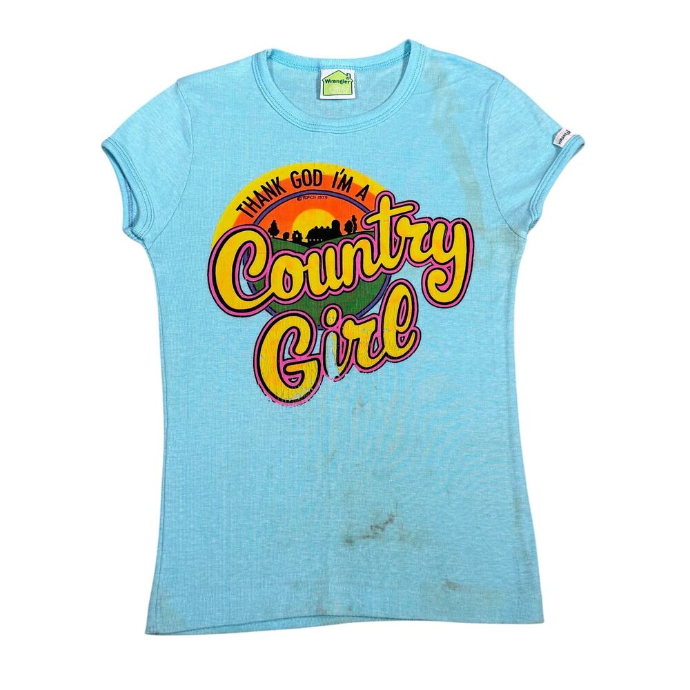 Vintage 1975 Wrangler Girls Thank God I'm a Country Girl Baby Tee Size Small